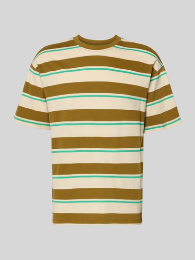 Produktfoto, Herren T-Shirt mit Rundhalsausschnitt und Streifenmuster in Beige, Braun und Türkis, reine Baumwolle, Regular-Fit, Modell 'KYRAN' von Blend, Rückenlänge 26 cm bei Größe M.