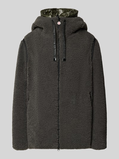 Produktfoto, Jacke aus Teddyfell mit Kapuze Modell 'CHANZY' von Frieda & Freddies, Regular Fit, weiche Struktur, dunkles Grau, Zweiwege-Reißverschluss, sichtbarer Tunnelzug, glänzende Kapuze, Damen Jacke, Größe und Maße im Kontext enthalten