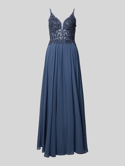 Produktfoto, Abendkleid mit Pailletten- und Ziersteinbesatz von Mascara in Blau mit Chiffon, taillierter Passform und floraler Spitzenbesatz.