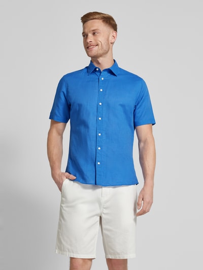 Jake*s Slim fit linnen overhemd met kentkraag Koningsblauw - 4