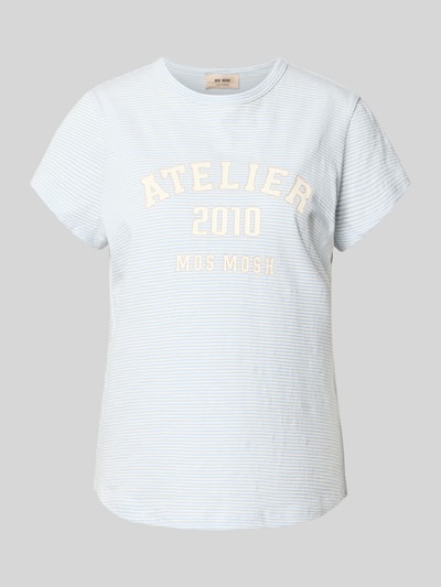 Produktfoto, Regular Fit T-Shirt mit Logo-Print von MOS MOSH, Damen T-Shirt aus reiner Baumwolle, Rundhalsausschnitt, hellblau-weiß gestreift, Rückenlänge 63 cm in Größe S.