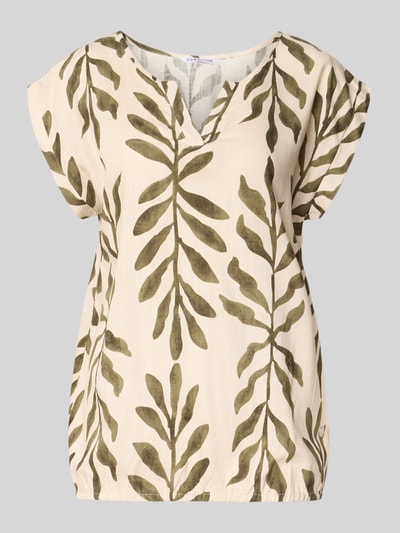 Produktfoto, Regular Fit Bluse aus Viskose-Mix Modell 'Connie' von ZABAIONE, Damen Bluse im Naturton mit grünem Blätter-Print, kurzärmelig, Tunika-Ausschnitt, Leinen-Viskose-Anteil, feine strukturierte Textur, Rückenlänge bei Größe S: 60 cm.