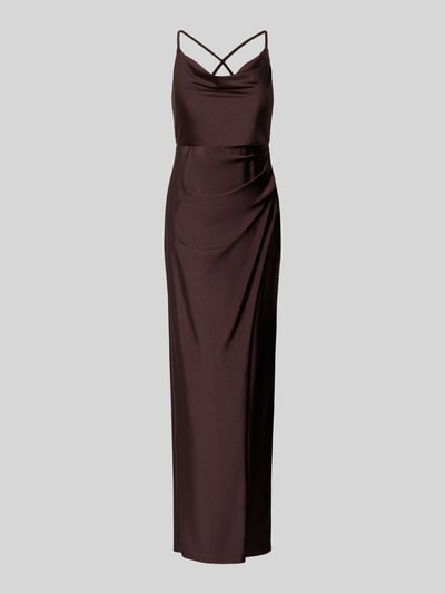 Produktfoto, Regular Fit Abendkleid mit Raffungen von V.M., satyn, krój regular fit, ramiączka spaghetti, zamek, wycięcie na plecach, długość tyłu w rozmiarze 36: 131 cm, szerokość w rozmiarze 36: 30 cm, ciemny brąz, gładka tekstura