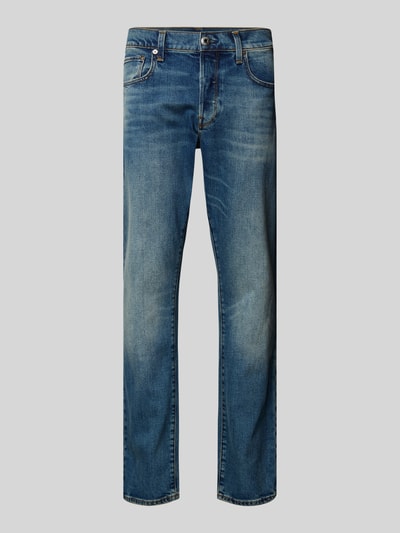 Produktfoto, Regular Tapered Fit Jeans im Used Look Modell '3301' von G-Star aus Baumwoll-Elasthan-Mix, blaue Waschung, Eingrifftaschen, Herren