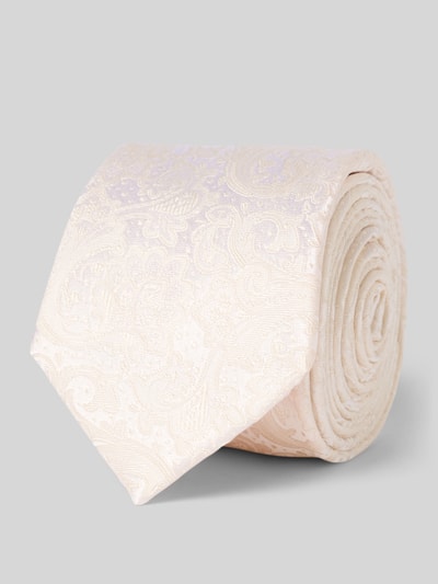 Produktfoto, kremowa Krawatte aus Seide mit Paisley-Muster (6 cm) von Monti, jedwabna tkanina, klasyczny fason, detal z logo, szerokość 7 cm