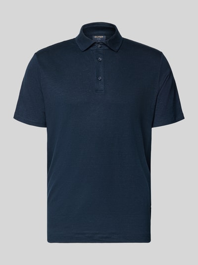 Produktfoto, Regular Fit Poloshirt aus Leinen-Elasthan-Mix von OLYMP Level Five in Dunkelblau mit Knopfleiste und 1/2-Arm, Rückenlänge bei Größe M 70 cm, feine Struktur.