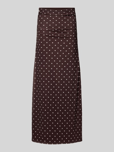 Produktfoto, Maxirock im Allover-Look Modell 'Mimi Flute' von Forever New aus braunem Mesh mit weißen Punkten, A-Linie, Bundweite 43 cm, Gesamtlänge 100 cm, Größe 36.