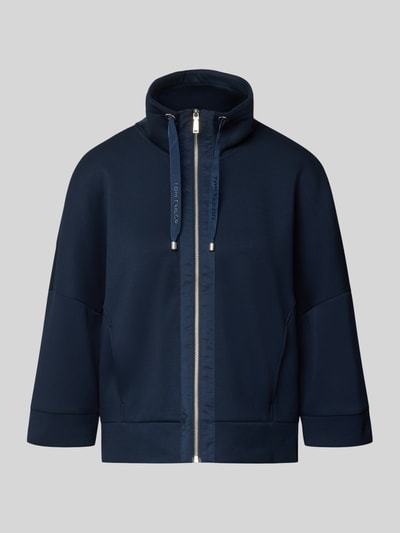 Produktfoto, dunkelblaue Boxy Fit Sweatjacke mit Viskose-Anteil von Tom Tailor, glatter Stoff, silberner Reißverschluss, Damen Sweatjacke