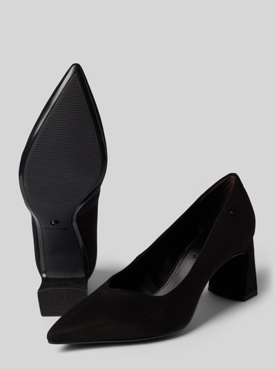 Produktfoto, Pumps mit Logo-Detail von Tamaris in Schwarz, spitze Schuhspitze, Flare Heel, Animal Print Allover-Muster, strukturierte Sohle, Webware