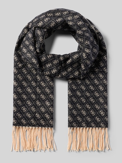 Guess Szal z mieszanki wiskozy ze wzorem z logo i frędzlami Czarny 1