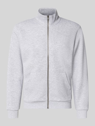 Produktfoto, hellgraue Regular Fit Sweatjacke mit Baumwoll-Anteil Modell 'Bradley' von JACK & JONES, Stehkragen, Reißverschluss, Känguru-Tasche, strukturierte Oberfläche