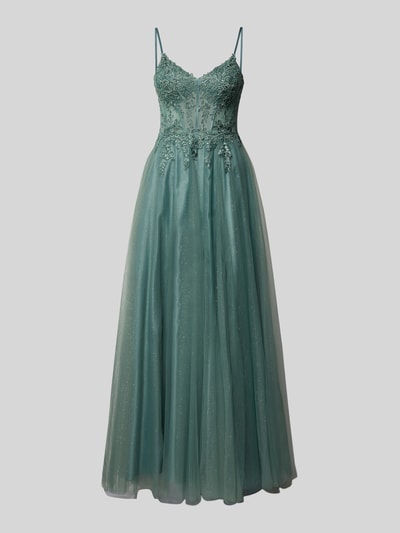 Produktfoto, Regular Fit Abendkleid mit floralem Spitzenbesatz von Luxuar in Türkis, Glitzer-Mesh, A-Linie, Ziersteinbesatz, semitransparent