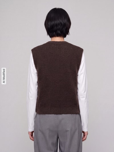 Frauenmodel trägt Regular Fit Pullunder mit einreihiger Knopfleiste Modell 'SIMONI' von ONLY, braun, Damen Pullover, Ganzkörperansicht Rückansicht, KI-modifiziertes Bild.