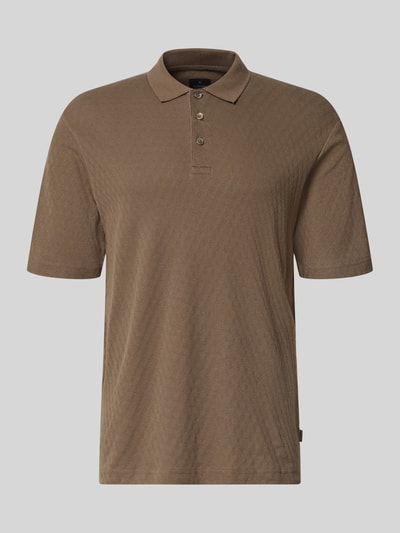 Produktfoto, Regular Fit Poloshirt mit Knopfleiste von JACK & JONES Premium, Strukturmuster, Modell 'ROBERT', Label-Detail, Rückenlänge 75 cm Größe M, braune Farbe, glatte und strukturierte Textur.