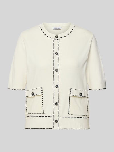 Produktfoto, Regular Fit Cardigan aus Viskose-Mix von More & More, okrągły dekolt, nakładane kieszenie, rękaw o dł. 1/2, listwa guzikowa, elastyczny pas, imitacja dzianiny, długość tyłu 56 cm, długość rękawów 32 cm, kolor kremowy, czarne przeszycia