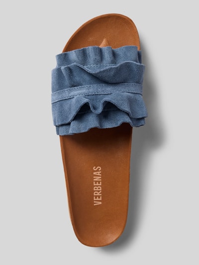Produktfoto, Slipper aus echtem Leder Modell 'Rocio' von Verbenas in Blau mit Rüschenbesatz, profilierte Sohle, offene Ferse, Absatzhöhe 3 cm