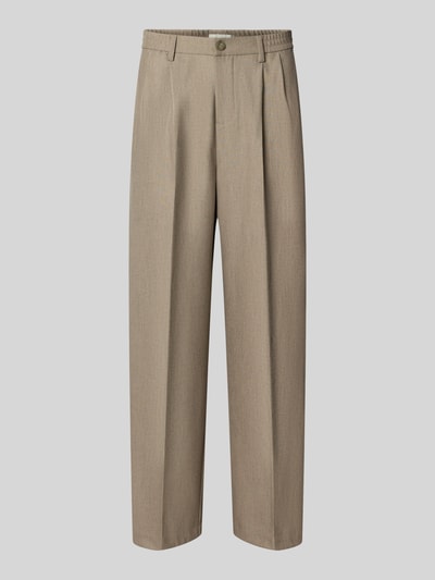 Produktfoto, beigefarbene Straight Fit Hose mit Viskose-Anteil Modell 'Grant' von Casual Friday, feine Textur, elastischer Bund, Bügelfalten, Knopf- und Reißverschluss, Kontext: Herren Hose mit teilelatischem Bund, Bundweite 43 cm, Innenbeinlänge 74 cm