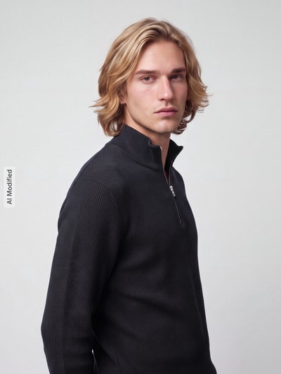Männermodel trägt Troyer mit Reißverschluss-Detail von ONLY & SONS, unifarbene Optik, Troyerkragen, Nahaufnahme Oberkörper, KI-modifiziertes Bild.