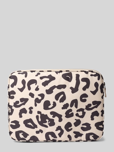 Produktfoto, Laptop-Tasche mit Logo-Print Modell 'Puffy' von Studio Noos mit Allover-Animal-Print, beige-schwarze Farbtöne, glatte Textur.