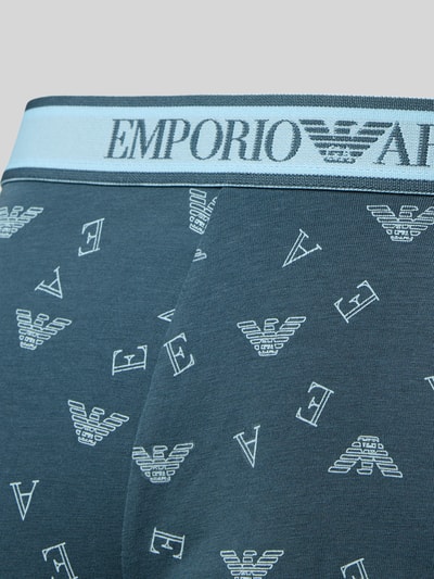 Produktfoto, Trunks im 3er-Pack mit elastischem Logo-Bund von Emporio Armani in Dunkelblau mit weißem Allover-Logo und elastischem Bund, Baumwoll-Mix mit Stretch-Anteil