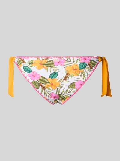 Produktfoto, Bikinihose mit seitlicher Schnürung Modell 'TORTUGA DIMKA' von Banana Moon mit floralem Allover-Print, gelben Bindebändern, eng anliegende Passform, Material-Mix mit Stretch, bunte Farben auf weißem Grund.