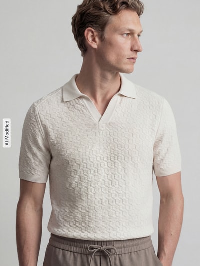 Männermodel trägt Poloshirt mit Polokragen und V-Ausschnitt von JAKE*S STUDIO MEN, reine Baumwolle, Body Fit, Nahaufnahme Oberkörper.