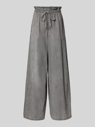 Produktfoto, spodnie materiałowe Wide Fit Stoffhose mit Rüschenbesatz Modell 'Dwindle' von Drykorn z czystej bawełny, krój wide fit, obszycie falbanami, elastyczny pas z tunelem, wpuszczane kieszenie, szerokość w rozmiarze 27/34: 37 cm, długość wewnętrzna nogawki w rozmiarze 27/34: 82 cm, szary melanż, luźny fason, gładka tekstura