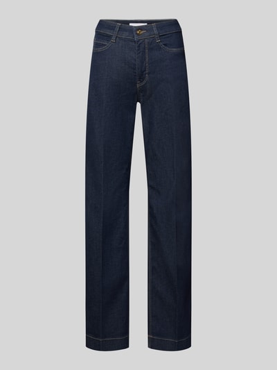 Produktfoto, dunkelblaue Wide Fit Jeans mit 5-Pocket-Design von MAC aus Baumwoll-Mix, lockerer Schnitt, sichtbare Nähte auf grauem Hintergrund