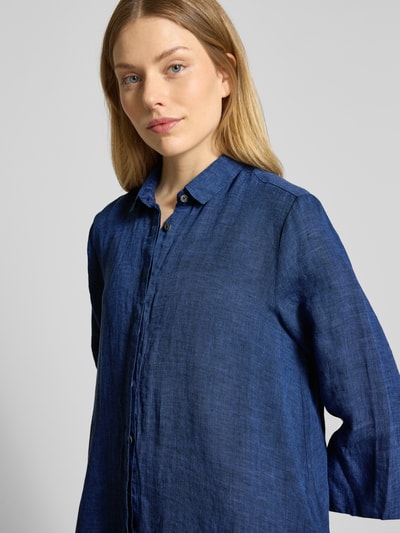 0039 Italy Knielange overhemdjurk van linnen met 3/4-mouwen, model 'GRACY' Marineblauw - 3