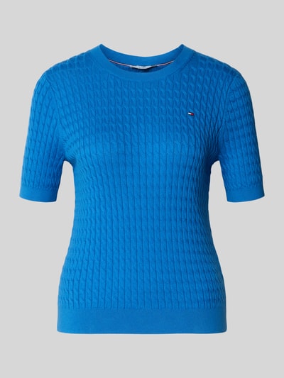 Productfoto, Slim Fit T-shirt uit puur katoen van Tommy Hilfiger, look: effen kleuren, kabelpatroon, logodetail, ronde hals, korte mouw, rompzoom geribd, materiaalverwerking: knitwear