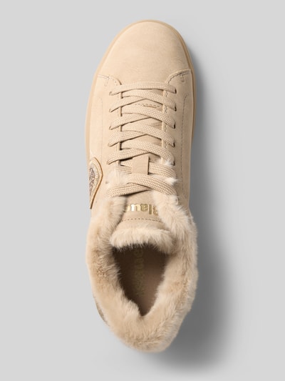 Produktfoto, Sneaker met logo-detail van Blauer vs, beige kleur, afgeronde pasvorm, met imitatiebont, vetersluiting, hakhoogte maat 40: 4 cm, schachthoogte maat 40: 8 cm, schachtbreedte maat 40: 10 cm