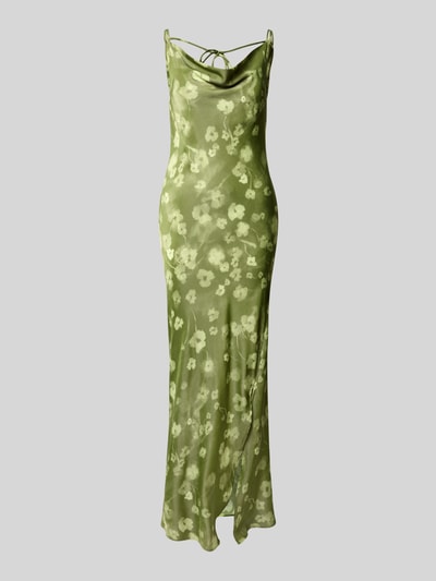 Produktfoto, Schmales Freizeitkleid aus Viskose-Mix Modell 'GIONA' von Selected Femme in olivgrün mit floralem Batik-Allover-Muster, Maxi-Länge, schmale Passform, Wasserfallausschnitt, ärmellos, glatte Satin-Oberfläche