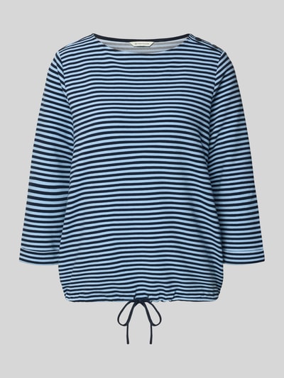 Produktfoto, Regular Fit 3/4-Shirt aus Bio-Baumwoll-Mix von Tom Tailor in Blau mit dunkelblauen Streifen, Rundhals, Rippstruktur, Knöpfe am Kragen, Tunnelzug am Saum, Allover-Muster, Damen-Oberbekleidung