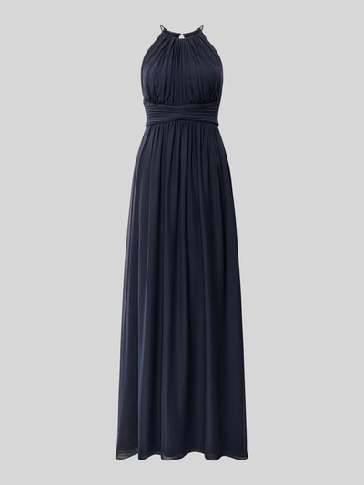 Productfoto, avondjurk met plooien van Jake*s Cocktail in donkerblauw, getailleerde fit, maxi-lengte, rugdecolleté, ritssluiting achter