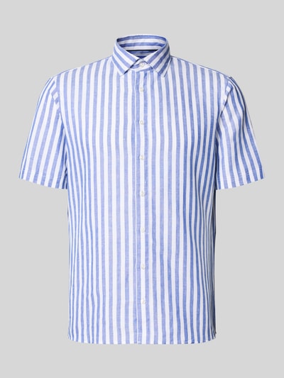 Produktfoto, Slim Fit Business Hemd aus Leinen-Misch mit Kentkragen von Jake*s, blau-weiß gestreift, Knopfleiste, Kurzarm, feine Textur