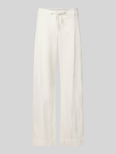 Produktfoto, Hose aus Baumwoll-Leinen-Mix Modell 'Meeri costal' von OPUS in Weiß mit Bindegürtel, weites Bein, strukturierte Oberfläche. Damen Hose, Bundweite 40 cm, Innenbeinlänge 81 cm.