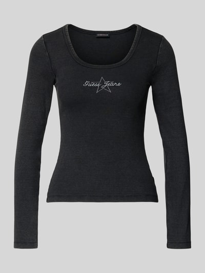 Produktfoto, Shirt met lange mouwen met labeldetail van Guess, mix van katoen en elastaan, slim fit, ronde hals, ruglengte maat S 58 cm.