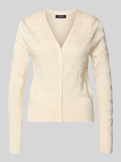 Produktfoto, beige Strickjacke mit knooplijst, V-hals, geribbelde boorden, regular fit, van viscose-katoenmix, DENZEL van Lauren Ralph Lauren