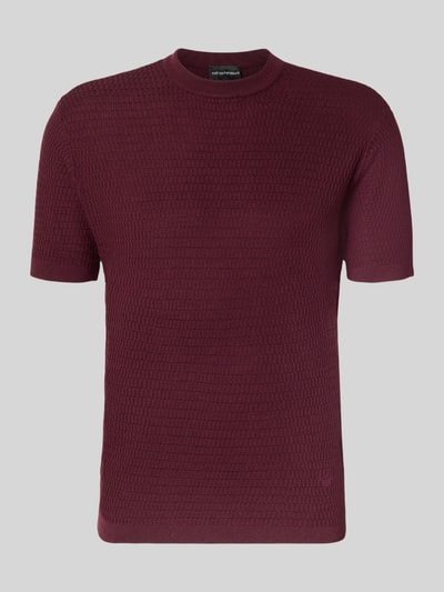 Produktfoto, Slim Fit Strickshirt aus reiner Wolle von Emporio Armani in dunklem Rot, gerippte Abschlüsse, feine Struktur, kurzärmelig, für Herren