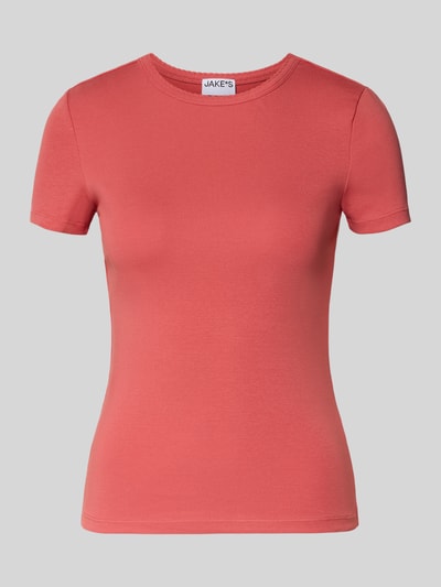 Produktfoto, T-Shirt mit Feinripp und Rundhalsausschnitt von Jake*s Casual aus Baumwoll-Mix mit Stretch-Anteil, Slim Fit, rosa, glatte Struktur.