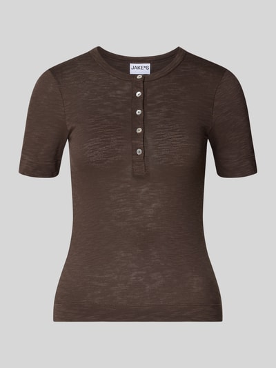 Produktfoto, T-shirt met ronde hals en knoopsluiting van Jake*s Casual, puur katoen, slim fit, ruglengte maat S 57 cm, bruin, effen textuur