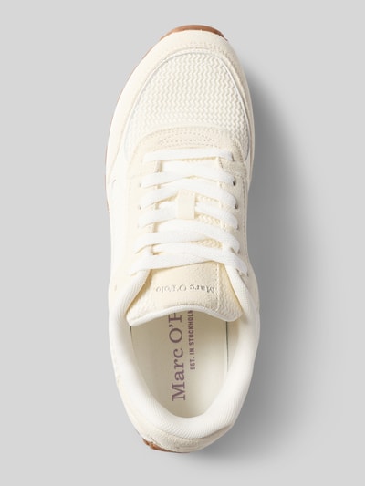 Productfoto, Low Top Sneaker aus Leder-Textil-Mix van Marc O'Polo, effen beige met afgeronde neus, plat, geprofileerde zool, suède en mesh, labelprint, vetersluiting