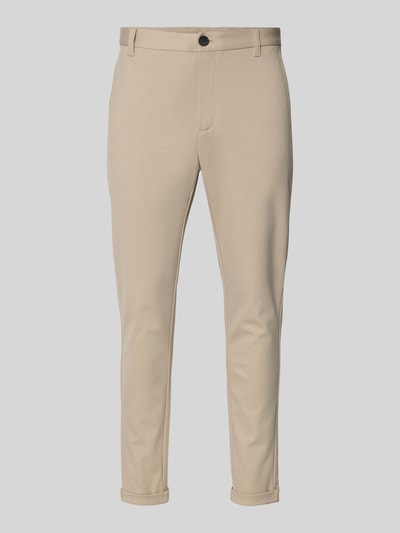 Produktfoto, Cropped Hose mit Eingrifftaschen von Lindbergh in Beige, feine Struktur, gerade geschnitten, Material-Mix mit Viskose-Anteil.