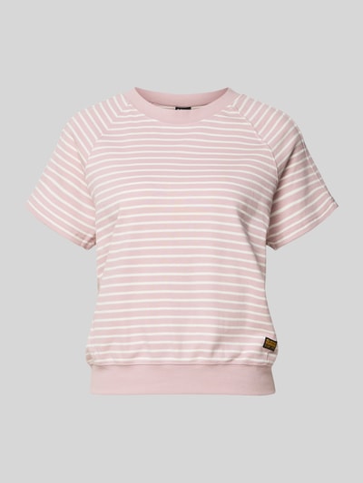 Produktfoto, Relaxed Fit T-Shirt aus Baumwoll-Mix mit Label-Patch von G-Star Raw, różowe i białe paski, krótki rękaw, okrągły dekolt, elastyczny dół, bawełna z elastanem, damska koszulka, długość tyłu w rozmiarze S: 57 cm