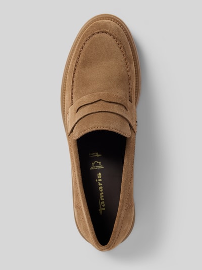 Productfoto, Slipper aus echtem Leder Modell 'Chunky Loafer' van Tamaris, unikleuren, ronde neus, blokhak, logo-reliëf, open, profielzool, gladleer/veloursleer, echt leer