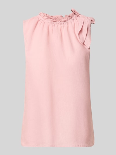 Produktfoto, Regular Fit Bluse aus Viskose-Mix mit Leinen-Anteil von Christian Berg Woman in Rosé, Zierschleife, Stehkragen mit Rüschenbesatz, Ärmelloses-Design, Rückenlänge 54 cm bei Größe 36, strukturierte Oberfläche