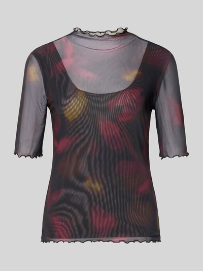 Produktfoto, Slim Fit T-Shirt in semitransparentem Design van zero voor dames, elastische materiaalmix, opstaande kraag, 1/2-mouwen, ruglengte bij maat 36 is 58 cm, donkere en rode tinten met gevlekt patroon