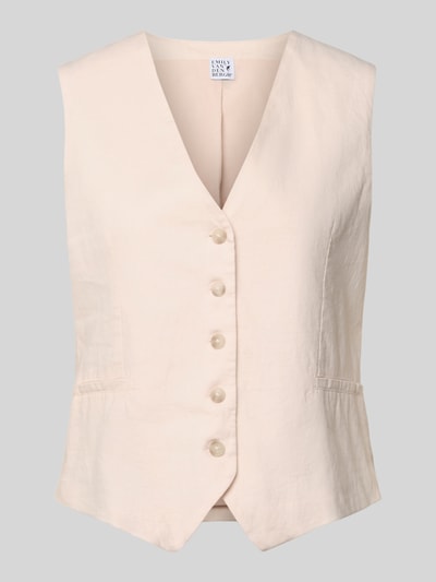 Productfoto, Leinenweste mit V-Ausschnitt und Paspeltaschen van Emily Van den Bergh, regular fit, zuiver linnen, knoopsluiting, lichte crèmekleur, zijdeachtige textuur, paspelzakken
