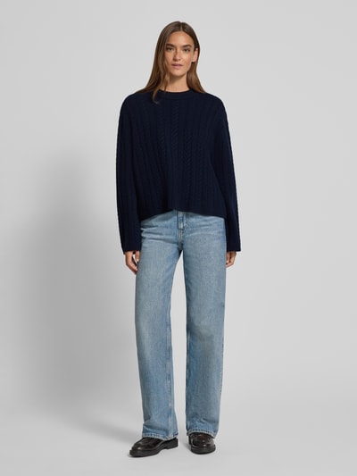 Jake*s Casual Sweter z dzianiny z wełny ze ściegiem warkoczowym Ciemnoniebieski 1