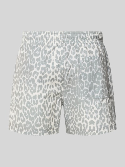 Produktfoto, Regular Fit Badeshorts mit Allover-Animal-Print Modell 'Maui' von Jack & Jones, elastischer Bund mit Tunnelzug, Herren, graue und weiße Musterstruktur